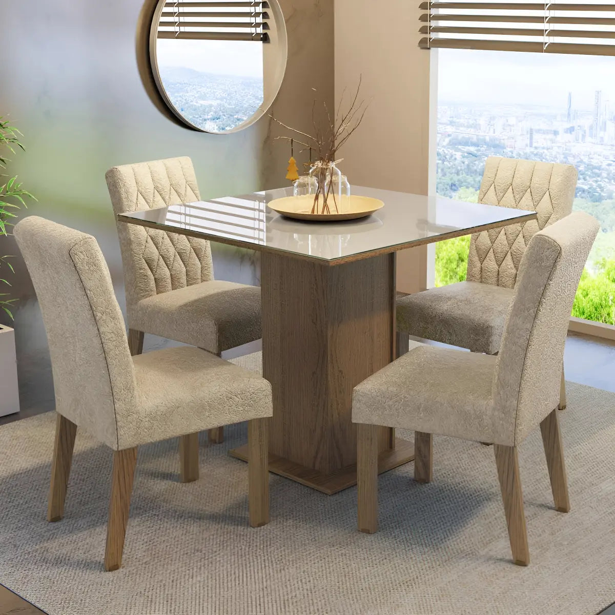Sala Jantar Estofada Mesa Tampo Vidro 4 Cadeiras Madesa Anaju Rci Cor Rustic/Crema/Imperial MDJA0401387GSIM - Image 1