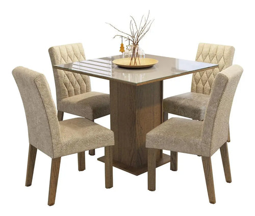 Imagem 2 de 10 de Sala Jantar Estofada Mesa Tampo Vidro 4 Cadeiras Madesa Anaju Rci Cor Rustic/Crema/Imperial MDJA0401387GSIM