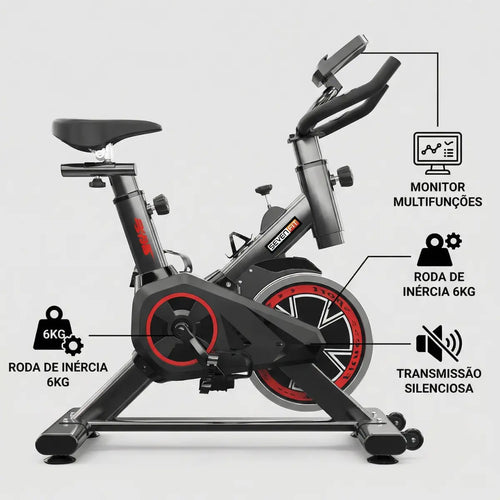 Imagem 4 de 9 de Bicicleta Ergométrica Fitness Para Cardio E Musculação Com Base Cor Preto E Vermelho 6kg Inercia Marca Sevenfit
