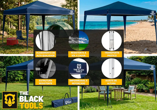 Imagem 4 de 9 de Tenda Gazebo Sanfonada Articulada The Black Tools 3x3m Azul Impermeável Resistente Proteção Ao Ar Livre Camping Praia