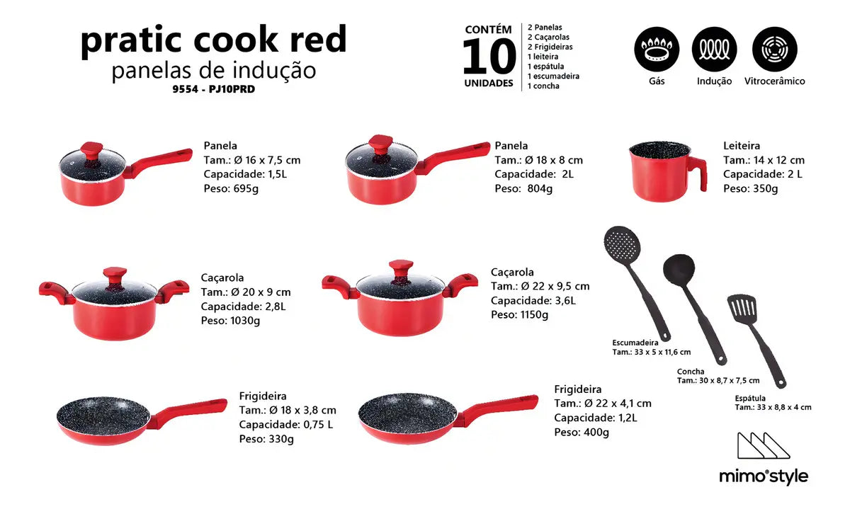 Conjunto Panelas Indução Cerâmico Pratic Cook Red 10 Pç Mimo - Image 3