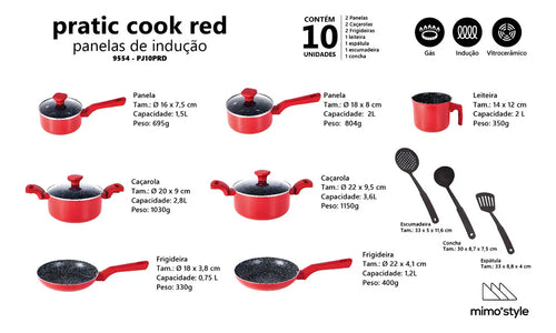 Imagem 3 de 10 de Conjunto Panelas Indução Cerâmico Pratic Cook Red 10 Pç Mimo