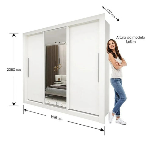 Imagem 5 de 6 de Guarda-roupa Casal Branco 3 Portas Corrediça Espelhada Milão MDF Yescasa