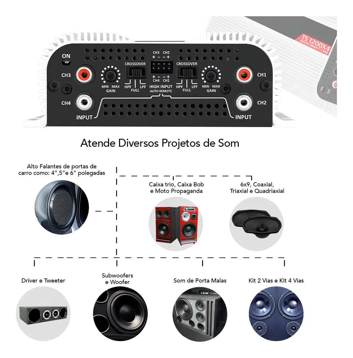Modulo Amplificador Taramps Ts1200X4 2 Ohms 1200W Potencia Som Automotivo Alto Falante Driver Super Tweeter Entrada RCA 4 Canais Estereo Crossover HPL LPF FULL Conexao Bridge Branco Carro Camionete - Image 7